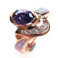 Silver Ring (Rose Gold Plated) with Inlay Created Opal, White and Tanzanite CZ