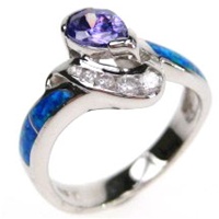 Silver Ring (Rhodium Plated) w/ Inlay Created Opal, White & Tanzanite CZ
