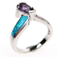 Silver Ring (Rhodium Plated) w/ Inlay Created Opal, White & Amethyst CZ