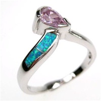 Silver Ring (Rhodium Plated) w/ Inlay Created Opal, White & Pink CZ