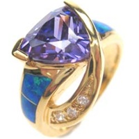 Silver Ring (Gold Plated) Inlay Created Opal, White and Tanzanite CZ