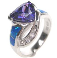Silver Ring with Inlay Created Opal, White and Tanzanite CZ
