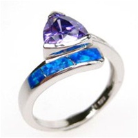 Silver Ring (Rhodium Plated) w/ Inlay Created Opal, White & Tanzanite CZ