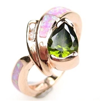 Silver Ring (Rose Gold Plated) with Inlay Created Opal, White and Dark Olive CZ