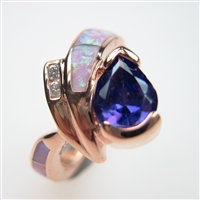 Silver Ring (Rose Gold Plated) with Inlay Created Opal, White and Tanzanite CZ