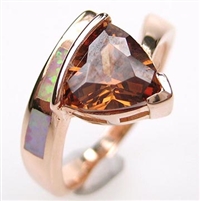Silver Ring (Rose Gold Plated) with Inlay Created Opal and Smoky Topaz CZ