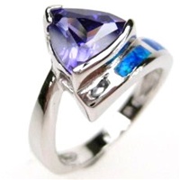 Silver Ring (Rhodium Plated) w/ Inlay Created Opal & Tanzanite CZ