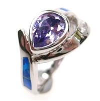 Silver Ring with Inlay Created Opal, White and Tanzanite CZ