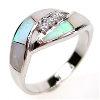 Silver Ring (Rhodium Plated) w/ Inlay Created Opal & White CZ