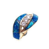 Silver Ring (Gold Plated) w/ Inlay Created Opal & White CZ