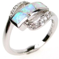 Silver Ring (Rhodium Plated) w/ Inlay Created Opal & White CZ