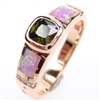 Silver Ring (Rose Gold Plated) with Inlay Created Opal, White and Dark Olive CZ