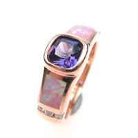 Silver Ring (Rose Gold Plated) with Inlay Created Opal, White and Tanzanite CZ