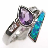 Silver Ring w/ Inlay Created Opal, White CZ & Amethyst CZ