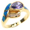 Silver Ring (Gold Plated) w/ Inlay Created Opal, White & Tanzanite CZ