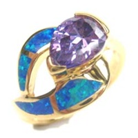 Silver Ring with Inlay Created Opal, & Tanzanite CZ