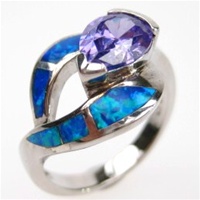 Silver Ring with Inlay Created Opal & Tanzanite CZ