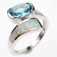 Silver Ring w/ Inlay Created Opal & Blue Topaz CZ