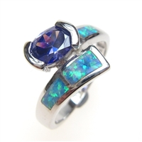 Silver Ring with Inlay Created Opal and Tanzanite CZ