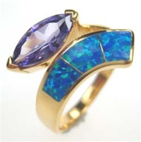 Silver Ring with Inlay Created Opal & Tanzanite CZ