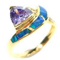 Silver Ring (Gold Plated) W/ Inlay Created Opal, White & Tanzanite CZ