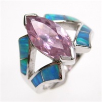 Silver Ring W/ Inlay Created Opal and Pink CZ