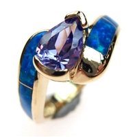 Silver Ring (Gold Plated) with Inlay Created Opal and Tanzanite CZ