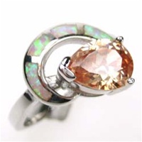 Silver Ring w/ Inlay Created Opal & Dark Champagne CZ