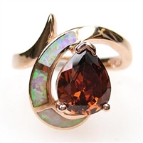 Silver Ring (Rose Gold Plated) with Inlay Created Opal, White and Smoky Topaz CZ