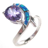 Silver Ring with Inlay Created Opal and Tanzanite CZ