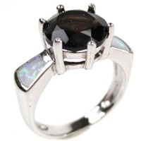 Silver Ring (Rhodium Plated) w/ Inlay Created Opal & Smoky Topaz CZ
