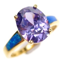 Silver Ring (Gold Plated) with Inlay Created Opal & Tanzanite CZ