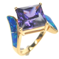 Silver Ring (Gold Plated) with Inlay Created Opal & Tanzanite CZ