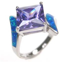 Silver Ring w/ Inlay Created Opal & Tanzanite CZ