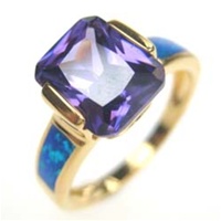 Silver Ring (Gold Plated) with Inlay Created Opal and Tanzanite CZ