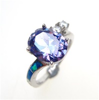 Silver Ring with Inlay Created Opal, White and Tanzanite CZ