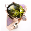 Silver Ring (Rose Gold Plated) with Inlay Created Opal, White and Dark Olive CZ