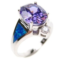 Silver Ring (Rhodium Plated) w/ Inlay Created Opal, White & Tanzanite CZ