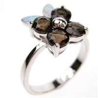 Silver Ring (Rhodium Plated) w/ Inlay Created Opal & Smoky Topaz CZ