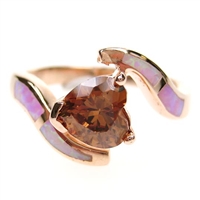 Silver Ring (Rose Gold Plated) with Inlay Created Opal, White and Smoky Topaz CZ