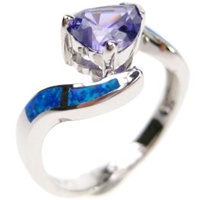 Silver Ring (Rhodium Plated) w/ Inlay Created Opal & Tanzanite CZ