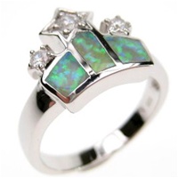 Silver Ring (Rhodium Plated) w/ Inlay Created Opal & White CZ