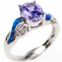 Silver Ring (Rhodium Plated) w/ Inlay Created Opal, White & Tanzanite CZ