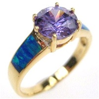 Silver Ring (Gold Plated) W/ Inlay Created Opal, White & Tanzanite CZ