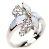 Silver Ring (Rhodium Plated) w/ Inlay Created Opal & White CZ