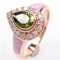 Silver Ring (Rose Gold Plated) with Inlay Created Opal, White and Dark Olive CZ