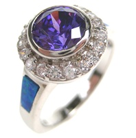 Silver Ring W/ Inlay Created Opal and Tanzanite and White CZ