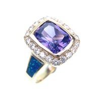 Silver Ring (Gold Plated) w/ Inlay Created Opal, White & Tanzanite CZ