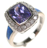 Silver Ring W/ Inlay Created Opal and Tanzanite and White CZ