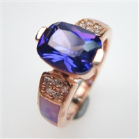 Silver Ring (Rose Gold Plated) with Inlay Created Opal, White and Tanzanite CZ